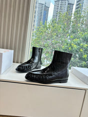 YSL 25S ANKLE FLAT BOOTS IN BLACK EMBOSSED LAMBSKIN WITH SIDE ZIPPER