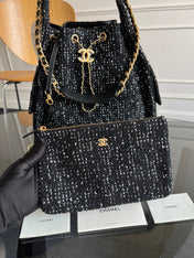 CHANEL 25S HOBO BAG 40 IN BLACK TWEED WITH GOLD HARDWARE