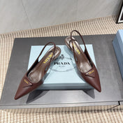 PRADA 26S POINTED TOE SLINGBACK HIGH HEELS 55MM IN DARK BROWN SHEEPSKIN WITH LOGO