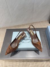 PRADA 26S POINTED TOE SLINGBACK HIGH HEELS 55MM IN BROWN SUEDE WITH LOGO