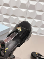 PRADA 26S HEELED SANDALS 75MM IN BLACK PATENT CALFSKIN WITH LOGO