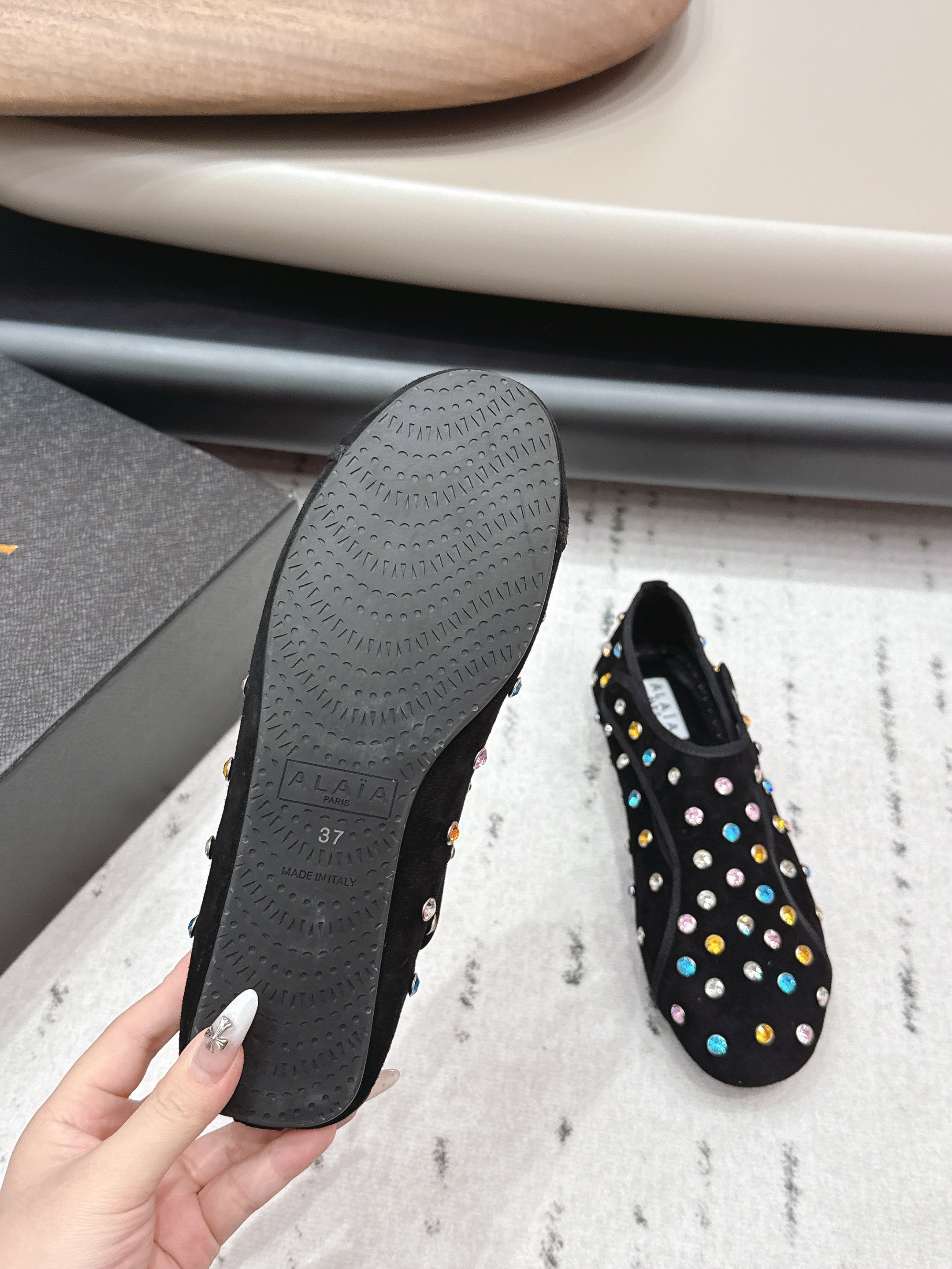 ALAIA 26S EMBELLISHED FLATS IN BLACK SUEDE