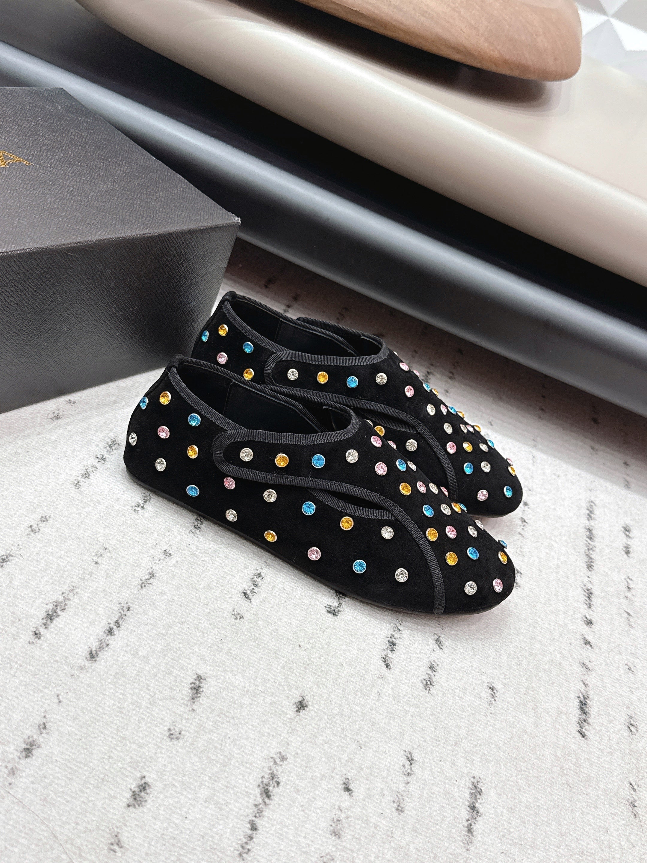 ALAIA 26S EMBELLISHED FLATS IN BLACK SUEDE