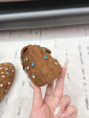 ALAIA 26S EMBELLISHED FLATS IN LIGHT BROWN SUEDE