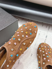 ALAIA 26S EMBELLISHED FLATS IN LIGHT BROWN SUEDE