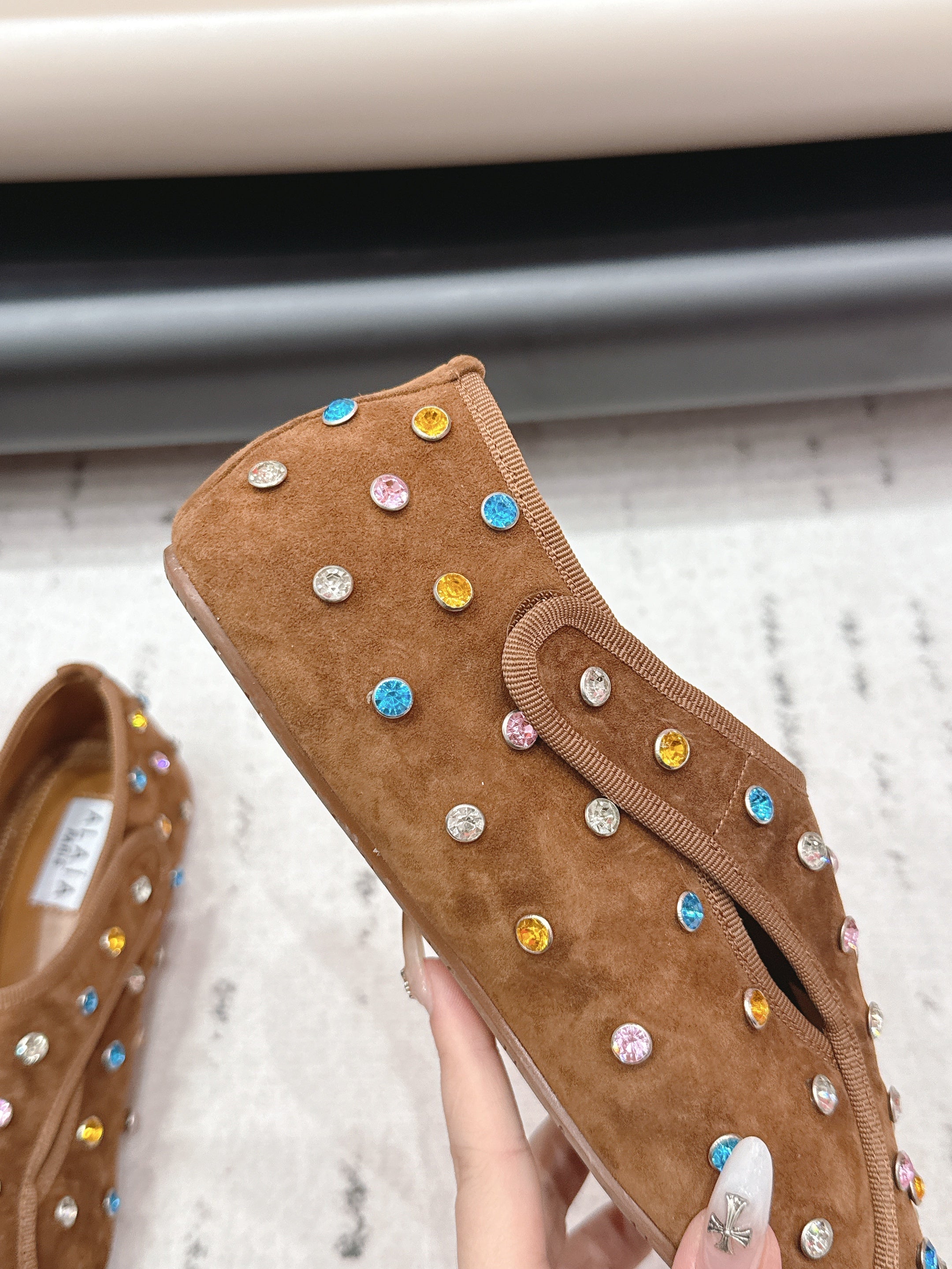 ALAIA 26S EMBELLISHED FLATS IN LIGHT BROWN SUEDE