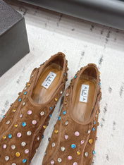 ALAIA 26S EMBELLISHED FLATS IN LIGHT BROWN SUEDE
