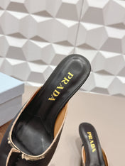 PRADA 26S POINTED TOE LACE TRIM MULES 55MM IN BLACK CALFSKIN