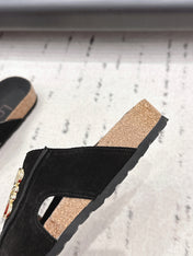 LOEWE 26S FLAT SANDALS IN BLACK LOGO GOLD HARDWARE