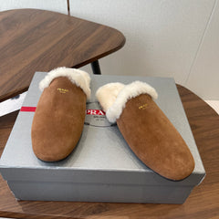 PRADA 25S CLOGS IN BROWN SUEDE FUR-LINED