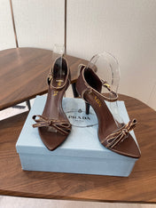 PRADA 26S HIGH HEEL SANDALS 85MM IN CHOCOLATE BROWN CALFSKIN WITH BOW