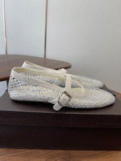 ALAIA 26S MESH FLATS IN WHITE SUEDE RHINESTONE-EMBELLISHED