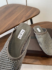 ALAIA 26S FLAT MULES IN DARK GREY SUEDE AND MESH RHINESTONE-EMBELLISHED