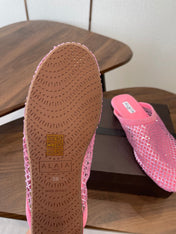 ALAIA 26S FLAT MULES IN PINK SUEDE AND MESH RHINESTONE-EMBELLISHED