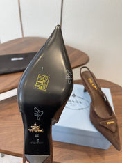 PRADA 26S SLINGBACK PUMPS 75MM IN DARK BROWN SUEDE WITH LOGO