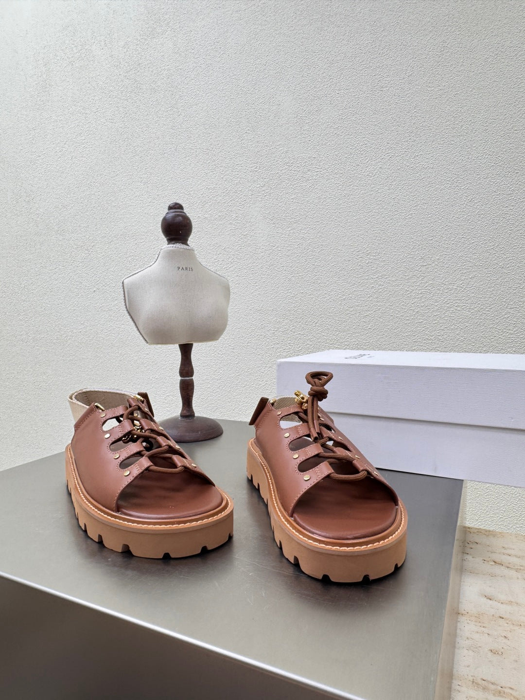 CELINE 25S BILLIE CHUNKY SANDAL IN BROWN CALFSKIN AND TEXTILE