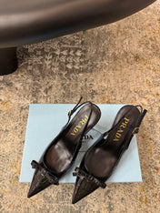 PRADA 25S SLINGBACK HIGH HEELS 75 MM IN BLACK EMBOSSED COWHIDE