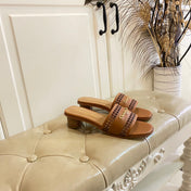 DWAY HEELED SLIDE IN BRONZE BROWN CALFSKIN WITH GOLD LOGO