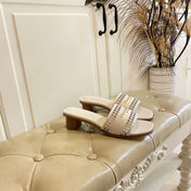 DWAY HEELED SLIDE IN WHITE CALFSKIN WITH GOLD LOGO