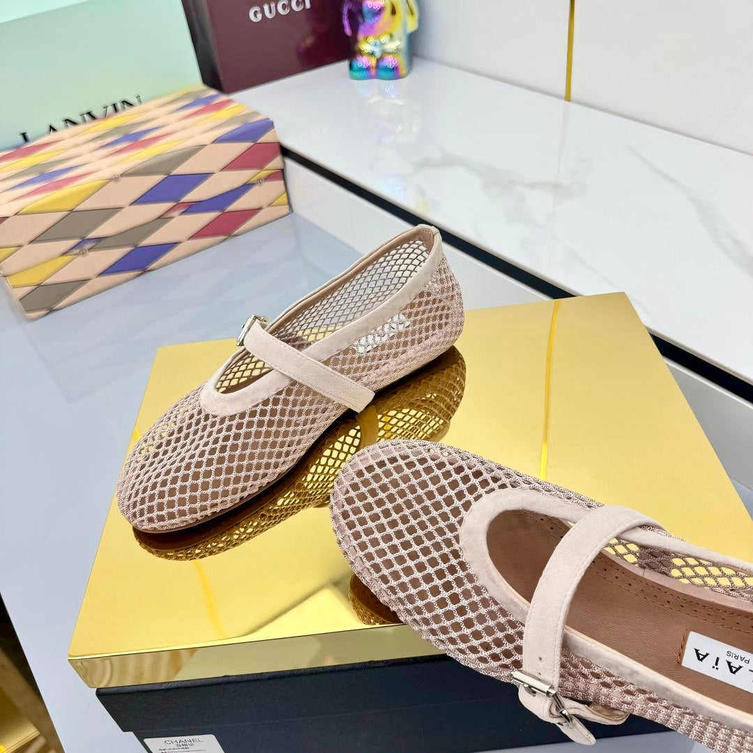 ALAIA MARY JANE FLAT 25S IN BLUSH BEIGE MESH SUEDE