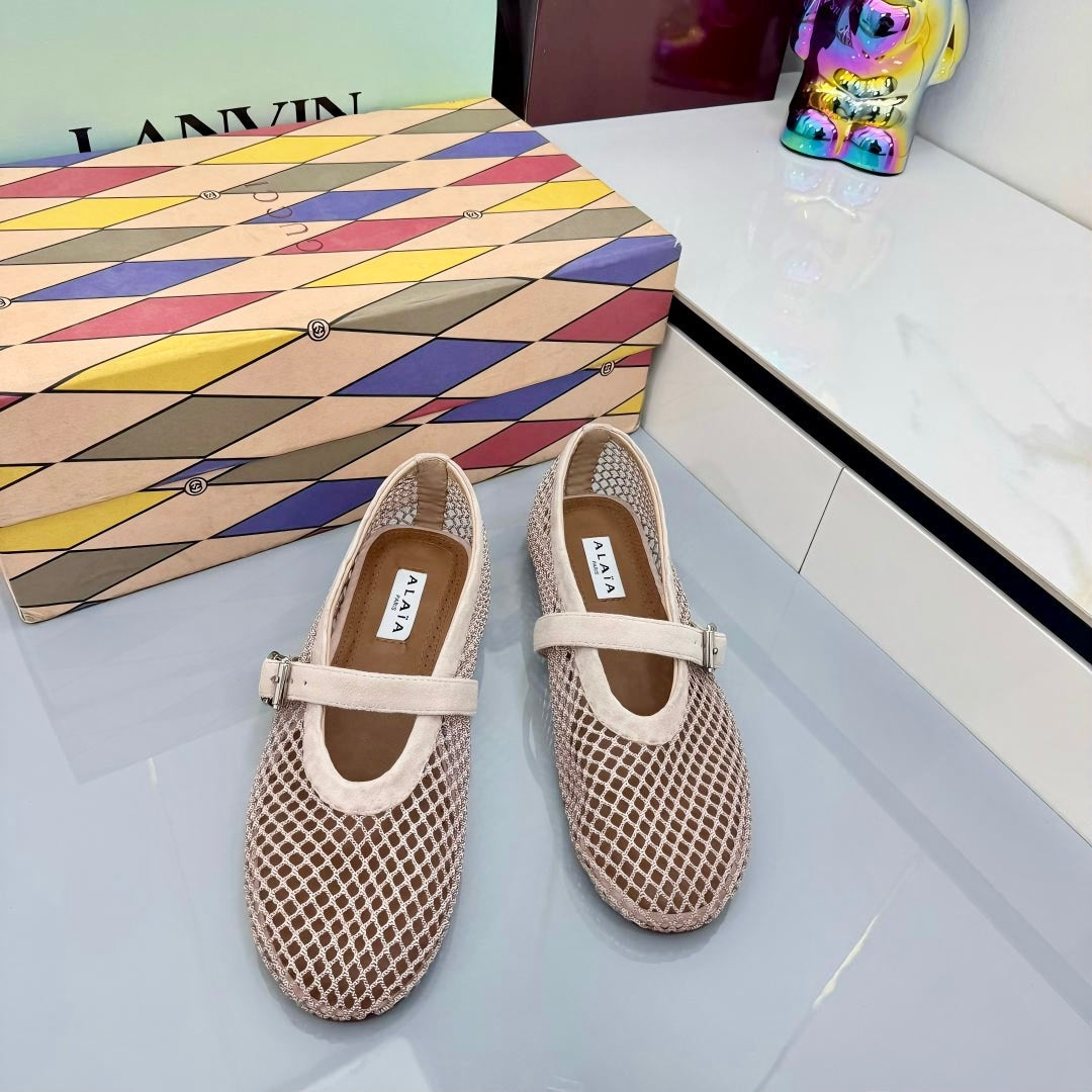 ALAIA MARY JANE FLAT 25S IN BLUSH BEIGE MESH SUEDE