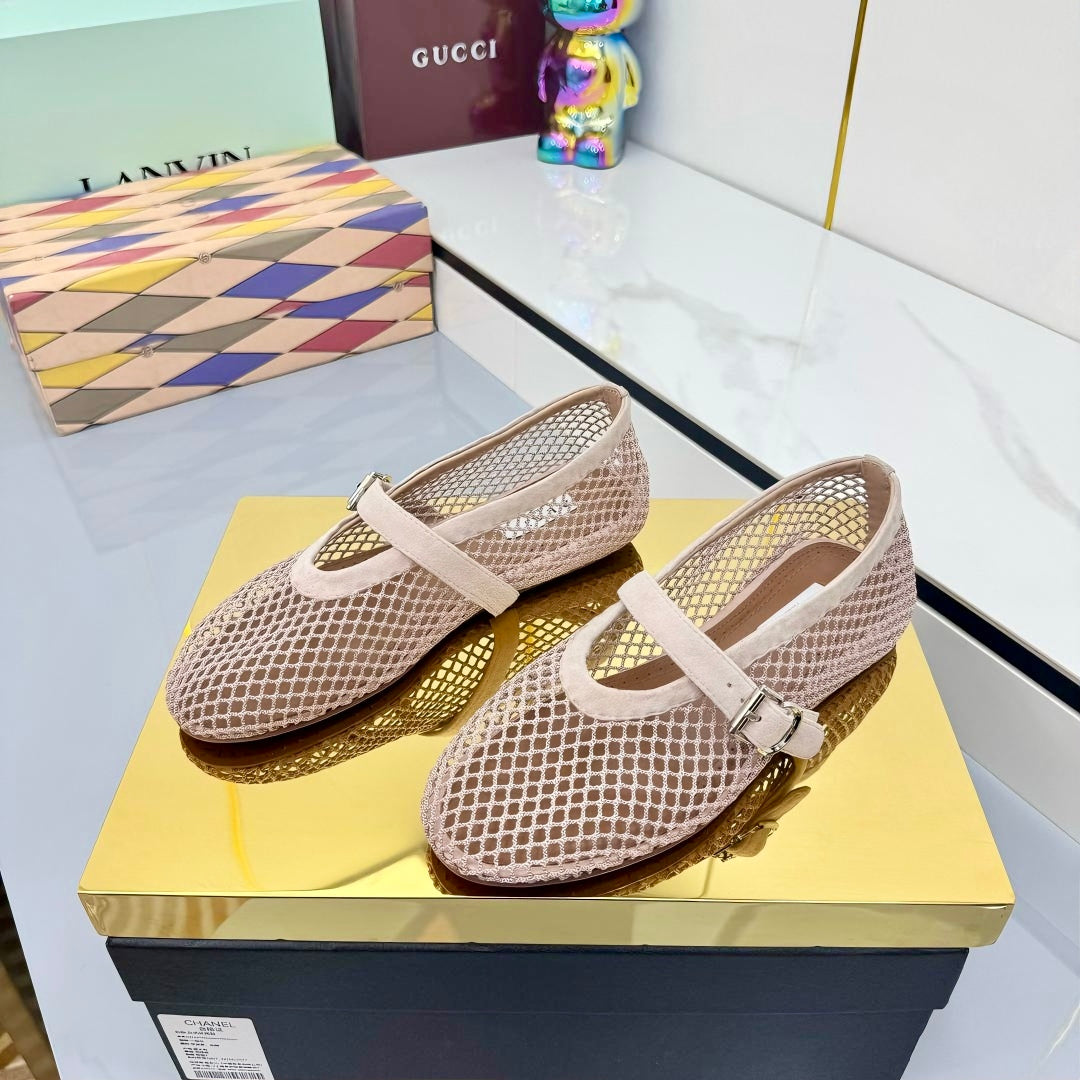 ALAIA MARY JANE FLAT 25S IN BLUSH BEIGE MESH SUEDE