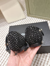 CHANEL 25S MARY JANE FLAT IN BLACK TWEED WITH CAP TOE GOLD HARDWARE