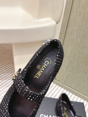 CHANEL 25S MARY JANE FLAT IN BLACK TWEED WITH CAP TOE GOLD HARDWARE