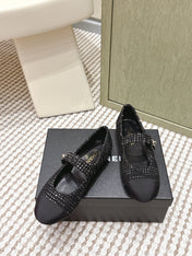 CHANEL 25S MARY JANE FLAT IN BLACK TWEED WITH CAP TOE GOLD HARDWARE