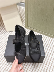 CHANEL 25S MARY JANE FLAT IN BLACK TWEED WITH CAP TOE GOLD HARDWARE