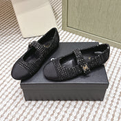 CHANEL 25S MARY JANE FLAT IN BLACK TWEED WITH CAP TOE GOLD HARDWARE