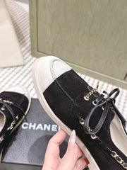 CHANEL 25S MOCCASINS IN BLACK AND LIGHT GREY SUEDE