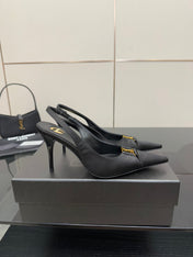 YSL 25S SLINGBACK HIGH HEELS 90 MM IN BLACK SATIN WITH GOLD HARDWARE STYLE 18