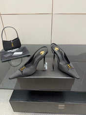 YSL 25S SLINGBACK HIGH HEELS 90 MM IN BLACK SATIN WITH GOLD HARDWARE STYLE 18