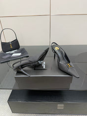 YSL 25S SLINGBACK HIGH HEELS 90 MM IN BLACK SATIN WITH GOLD HARDWARE STYLE 18