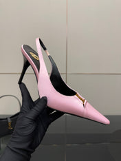 YSL 25S SLINGBACK HIGH HEELS 90 MM IN PINK SATIN WITH GOLD HARDWARE STYLE 17