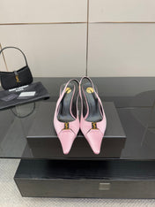 YSL 25S SLINGBACK HIGH HEELS 90 MM IN PINK SATIN WITH GOLD HARDWARE STYLE 17