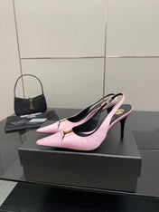 YSL 25S SLINGBACK HIGH HEELS 90 MM IN PINK SATIN WITH GOLD HARDWARE STYLE 17