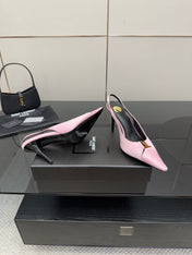 YSL 25S SLINGBACK HIGH HEELS 90 MM IN PINK SATIN WITH GOLD HARDWARE STYLE 17