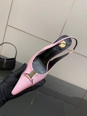 YSL 25S SLINGBACK HIGH HEELS 90 MM IN PINK SATIN WITH GOLD HARDWARE STYLE 17