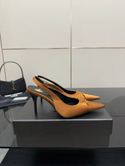 YSL 25S SLINGBACK HIGH HEELS 90 MM IN DARK ORANGE SATIN WITH GOLD HARDWARE STYLE 16