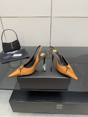 YSL 25S SLINGBACK HIGH HEELS 90 MM IN DARK ORANGE SATIN WITH GOLD HARDWARE STYLE 16