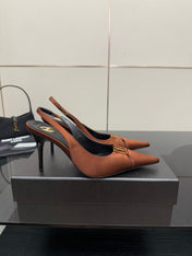 YSL 25S SLINGBACK HIGH HEELS 90 MM IN COGNAC BROWN SATIN WITH GOLD HARDWARE STYLE 15