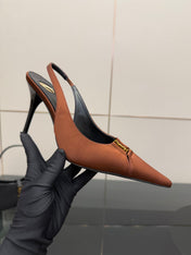 YSL 25S SLINGBACK HIGH HEELS 90 MM IN COGNAC BROWN SATIN WITH GOLD HARDWARE STYLE 15