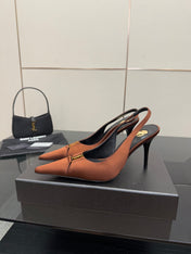 YSL 25S SLINGBACK HIGH HEELS 90 MM IN COGNAC BROWN SATIN WITH GOLD HARDWARE STYLE 15