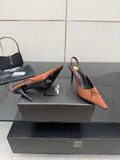 YSL 25S SLINGBACK HIGH HEELS 90 MM IN COGNAC BROWN SATIN WITH GOLD HARDWARE STYLE 15