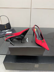 YSL 25S SLINGBACK HIGH HEELS 90 MM IN RED SATIN WITH GOLD HARDWARE STYLE 14