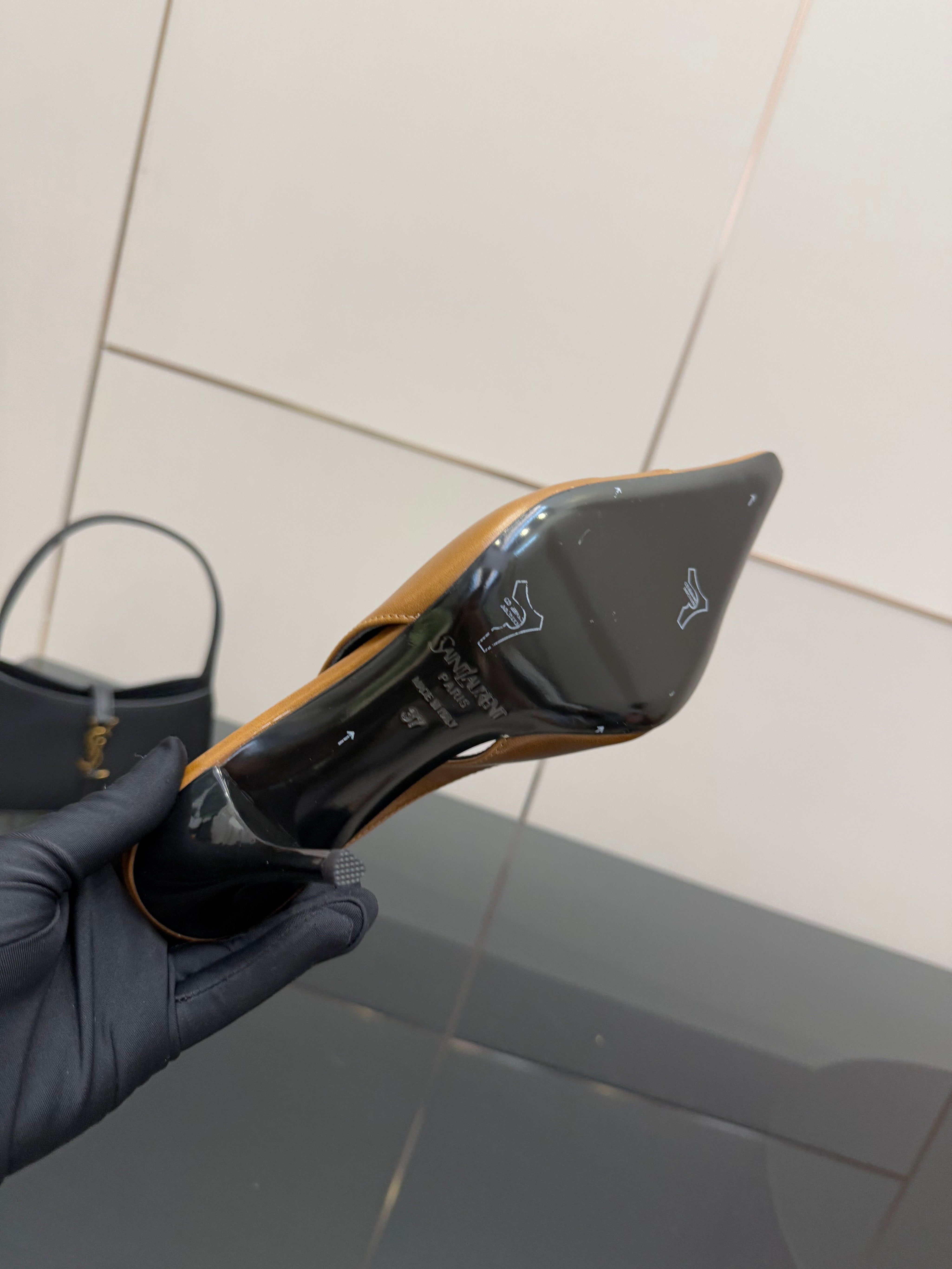 YSL 25S SLINGBACK HIGH HEELS 90 MM IN COPPER BROWN LAMBSKIN WITH GOLD HARDWARE STYLE 11