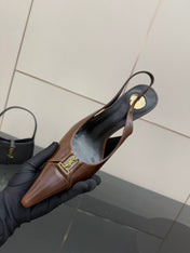 YSL 25S SLINGBACK HIGH HEELS 90 MM IN CHESTNUT BROWN LAMBSKIN WITH GOLD HARDWARE STYLE 12