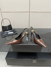 YSL 25S SLINGBACK HIGH HEELS 90 MM IN CHESTNUT BROWN LAMBSKIN WITH GOLD HARDWARE STYLE 12